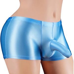 Kinky heren ondergoed Blue Cava - Fetisj penis slurf short - Strakke erotische boxershort - Glanzend babyblauw nylon - Olifanten neus - BDSM