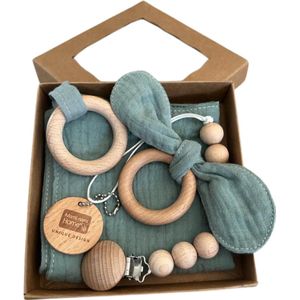 Baby Geschenkset - 3-delige set - Kraamcadeau - babyshower- gender reveal - Unisex baby cadeau - kraamvisite- jongen - meisje - giftset - bijtring - doorkomende tandjes - speenkoord - speenketting - knuffeldoekje - Mint Groen