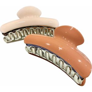 Haarklemmen - Haarspelden - Haarclip - Camel bruin - Crème wit - 9 cm - Set 2 stuks