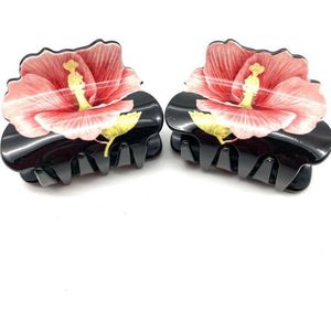 Kleine Haarklemmen - Haarclip - Bloemenprint - Zalm/Zwart - 2 Stuks