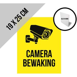 Pictogram/ bord op alu di-bond | ""Camerabewaking"" | 19 x 25 cm | CCTV | Beveiliging | Camerabewaking | Videobewaking | Diefstal verhinderen | Preventie | Opvallend | Geel | Roestvrij | Dikte: 3 mm | Nederlands | 1 stuk