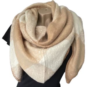 Warme Driehoekige Sjaal - Geruit - Beige/Ecru - 195 x 90 cm (01694#)