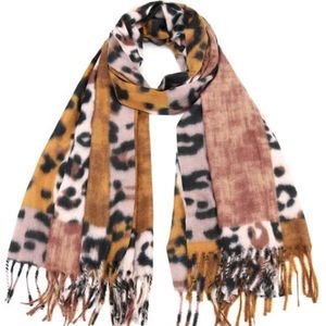 Sjaal met panterprint herfst/winter okergeel/lichtbruin/beige