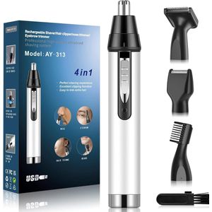 Timé Professionele 4-in-1 Neushaartrimmer - USB Oplaadbaar - oorhaartrimmer - voor neushaar, wenkbrauwen en oorhaar, - met nat droog reinigingssysteem - Nose Clippers - Zilver