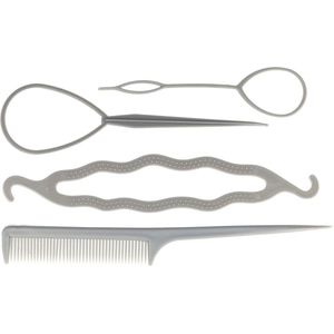 Haarsoires Styling Tool Set – Kunststof – Topsy Tails, Knotrolband, Puntkam – Grijs – Set van 4
