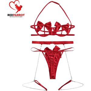 Red Velvet 3-delige Lingerie set - Diamond deluxe - Strikjes beha - Sexy slip - Buik en been versiering - Goede kwaliteit - Erotische lingerie set
