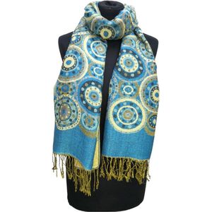 Lange Sjaal - Print - Goud Accent - Petrol/Blauw - 180 x 70 cm (23-2)