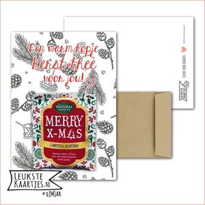 Kaartkadootje -> Kerst-Thee - No:07 (Een Warm kopje Kerst-thee voor jou - Merry X-Mas - Kersttakjes, dennenappels zwart-wit) - LeuksteKaartjes.nl by xMar