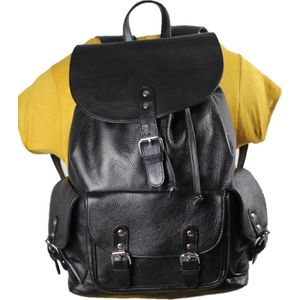Urban 5884® - Leren Rugtas - Backpack - 100% Rund - Echt Leder - Extra Zakken -Reistas - Zwart