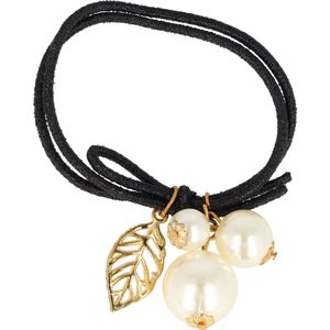 Haarsoires Haarelastiek – Parelkralen – Metalen Bladbedel - Zwart Wit Goud