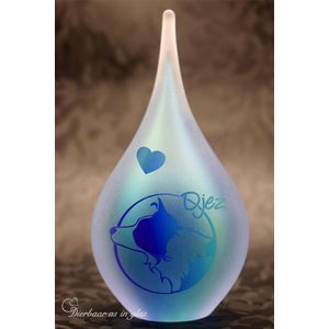 Urn van glas met uw gewenste naam en afbeelding van een Border Collie Hond middels zandstraling-Blauw en Groen- 50ml inhoud-Druppel mini urn deelbestemming voor crematie as-urn mens-urn dier-urn hond-border collie hond-Gepersonailiseerd-Gedenk urn