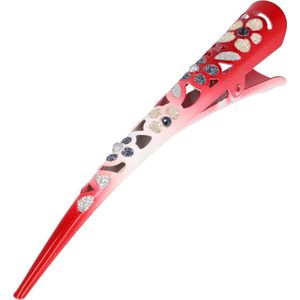 Haarsoires Haarspeld Duckklem 13cm – Basic – Opengewerkt Glitter Bloemenprint – Metaal – Rood Zilver - Sterke Haarclip voor Styling & Dagelijks Gebruik - Hair Clip - Decoratieve Haaraccessoire
