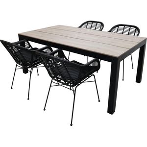 5-delige tuinset | 4 Oslo dining tuinstoelen (Black) | 160cm Cyprus tuintafel (Wood)
