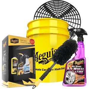 Meguiars essentail 2 kit bestaande uit; Wasemmer 19 ltr, Grit guard grit, Wash&Wax, Quick Wax, Clarity Glass Cleaner, Supreme Shine Microfiber doek, Velgenreiniger, Velgenborstel medium,