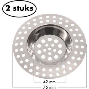 Gootsteen zeef RVS 75mm buitenmaat 42mm binnenmaat - Wastafel putje – Afvoer filter – 2 stuks