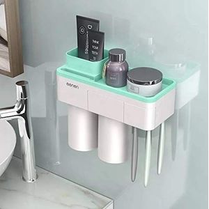 Tandenborstelhouder Wall Mounted Automatische Tandpasta Dispenser opslag Rack Föhn Holder Tissue Box badkameraccessoires Set (Color : Green 2 Cups)