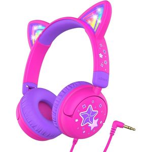 StayPowered Kinderheadset - Veilig, Stijlvol en Speels met Led-Verlichte Kattenoren! - Comfortabel en Verstelbaar - Compact Design - Inklapbaar - Zachte Oorkussens - 3.5mm Jack - Brede Compatibiliteit - Roze/Paars - Levering Sneller dan Aangegeven!