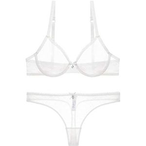 Vrouwen doorzichtige kanten push-up transparante alledaagse bh en slipje string open bh White2 85E