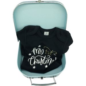 Baby koffertje blauw & kerst-rompertje - zwart lange mouw - met eigen naam en voetjes op koffertje