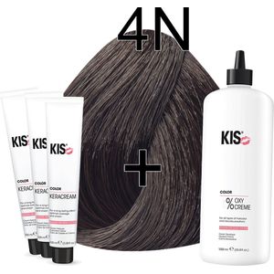 Kis KeraCream Color - 100ml - Haarverf Set - 4N Middelbruin | KIS - (3 x haarverf & 1L waterstofperoxide)