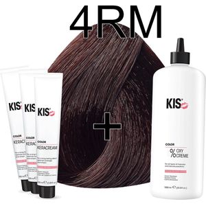Kis KeraCream Color - 100ml - Haarverf Set - 4RM Donker rood mahonie | KIS - (3 x haarverf & 1L waterstofperoxide)
