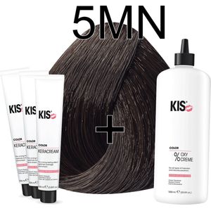 Kis KeraCream Color - 100ml - Haarverf Set - 5MN Licht mat bruin | KIS - (3 x haarverf & 1L waterstofperoxide)