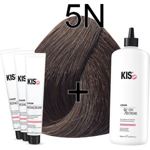 Kis KeraCream Color - 100ml - Haarverf Set - 5N Lichtbruin | KIS - (3 x haarverf & 1L waterstofperoxide)