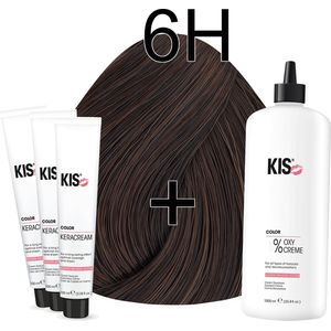 Kis KeraCream Color - 100ml - Haarverf Set - 6H Donker hazelnoot blond | KIS - (3 x haarverf & 1L waterstofperoxide)