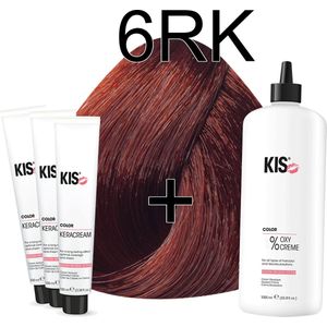 Kis KeraCream Color - 100ml - Haarverf Set - 6RK Donker rood koper blond | KIS - (3 x haarverf & 1L waterstofperoxide)