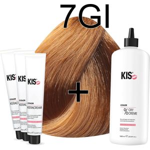 Kis KeraCream Color - 100ml - Haarverf Set - 7GI Middel goudblond intensief | KIS - (3 x haarverf & 1L waterstofperoxide)