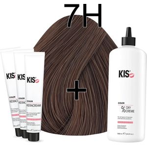 Kis KeraCream Color - 100ml - Haarverf Set - 7H Medium hazelnoot blond | KIS - (3 x haarverf & 1L waterstofperoxide)