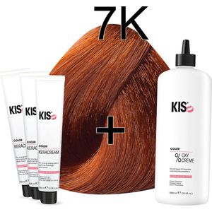 Kis KeraCream Color - 100ml - Haarverf Set - 7K Middel koper | KIS - (3 x haarverf & 1L waterstofperoxide)