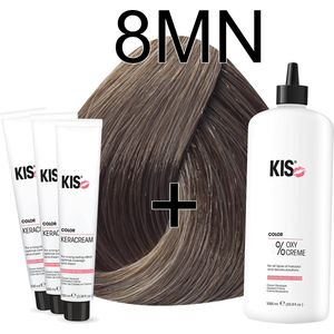 Kis KeraCream Color - 100ml - Haarverf Set - 8MN Licht mat blond | KIS - (3 x haarverf & 1L waterstofperoxide)