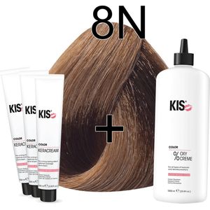 Kis KeraCream Color - 100ml - Haarverf Set - 8N Lichtblond - 3 x Haarverf & 1L Waterstofperoxide