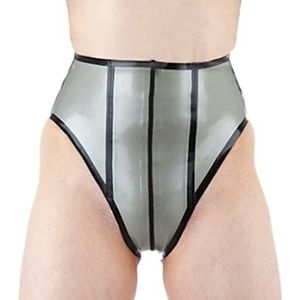 Zilver en zwart Sexy Mid Taille Latex Slips met Voor naar Terug Kruis Rits Rubberen Slipje Shorts, Zwart met Paars, Man L