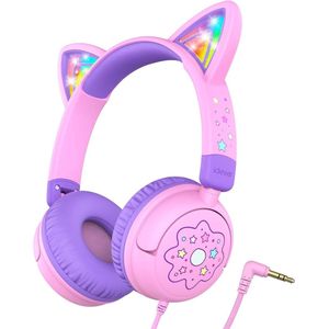 StayPowered Kinderheadset - Veilig, Stijlvol en Speels met Led-Verlichte Kattenoren! - Comfortabel en Verstelbaar - Compact Design - Inklapbaar - Zachte Oorkussens - 3.5mm Jack - Brede Compatibiliteit - Roze/Paars - Levering Sneller dan Aangegeven!