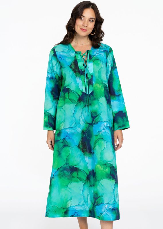 Jurk - ACQUA - Katoenen Jurk - Midi-lengte - Lange Mouwen - V-halslijn