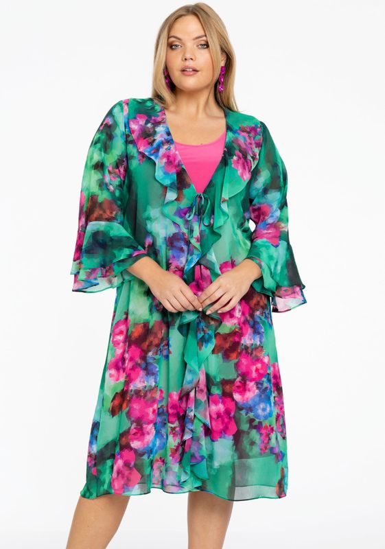 Cardi - Blouse - Met Ruches - Semi-transparant - Abstracte Bloemen