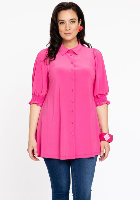 Blouse - Effen - Katoen - Pofmouwen - Knoopsluiting - Ruches