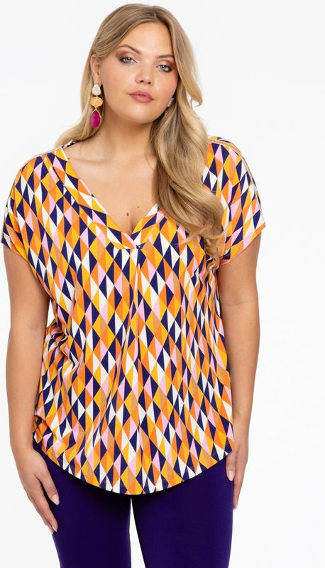 Tuniek - HARLEQUIN - Oranje en Paarse Geografische Print - V-hals