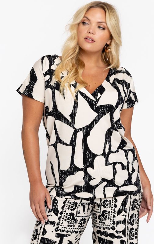 YOEK - Shirt - Ecru/Zwart - Wijde Pasvorm - Kwartmouw