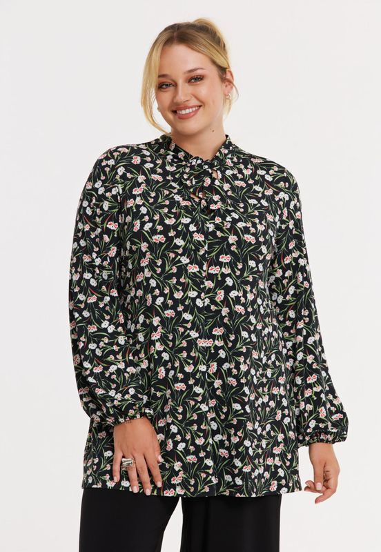 YOEK - Flare Tuniek - Zwart - Bloemenprint