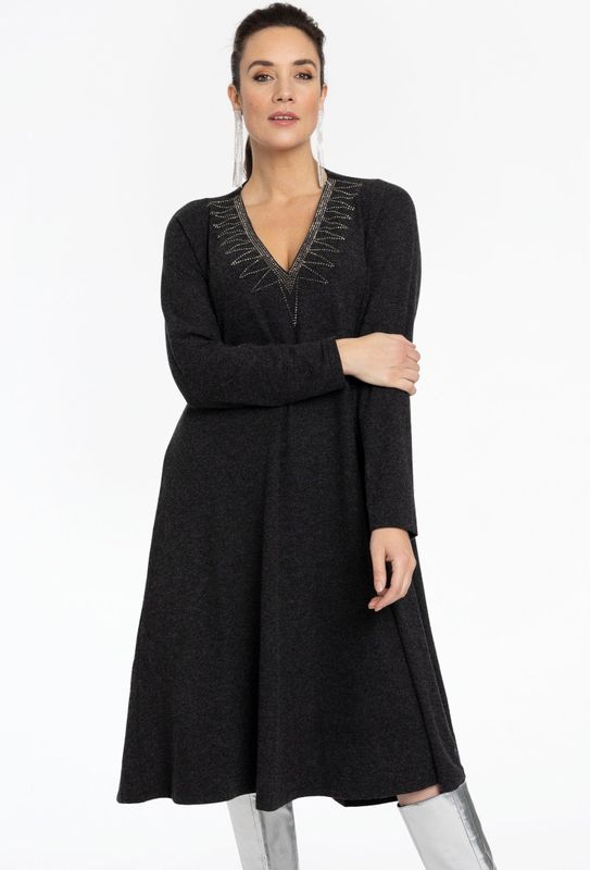 Jurk - Grijs Gemêleerd - A-lijn - Lange Mouwen - V-halslijn