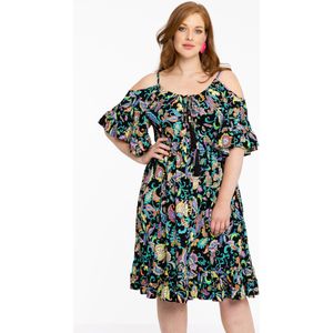 Yoek Off Shoulder Jurk van DOLCE Travelstof met Paisleyprint Zwart