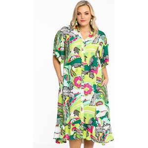Yoek Jurk met All Over Print Groen/Lime/Roze