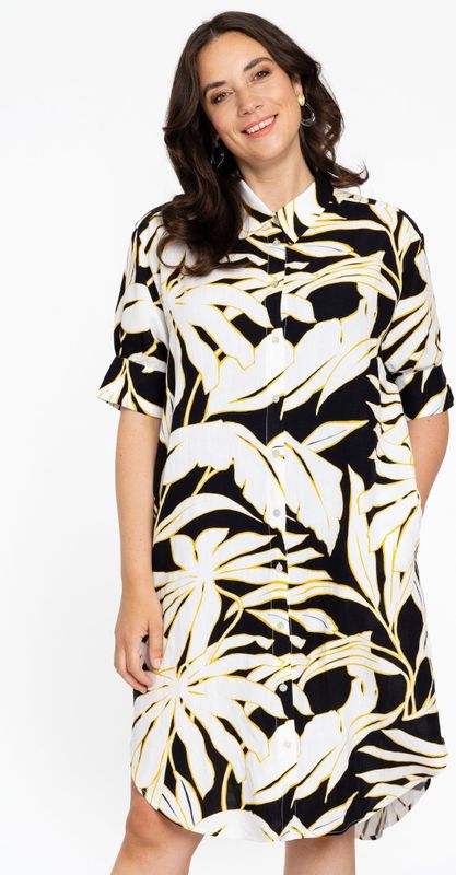 Blousejurk - Zwart-witte Bladprint - Korte Mouwen - PALMIER