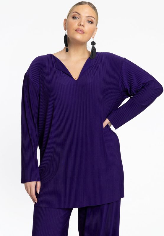 Tuniek - PLISSE - Licht Plissémateriaal - Wijde Pasvorm - Lange Mouwen - Ronde Halslijn met V-Uitsnede