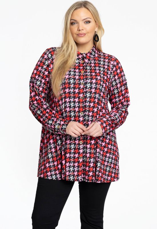 Blouse - Rood Roze Pied-de-Poule - Lange Mouwen - Katoen