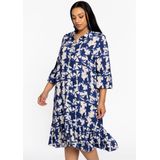 YOEK - Jurk - Ecru / Donkerblauw - 3/4 Lengte - Wijde Pasvorm - Lange Mouw