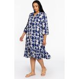 YOEK - Jurk - Ecru / Donkerblauw - 3/4 Lengte - Wijde Pasvorm - Lange Mouw